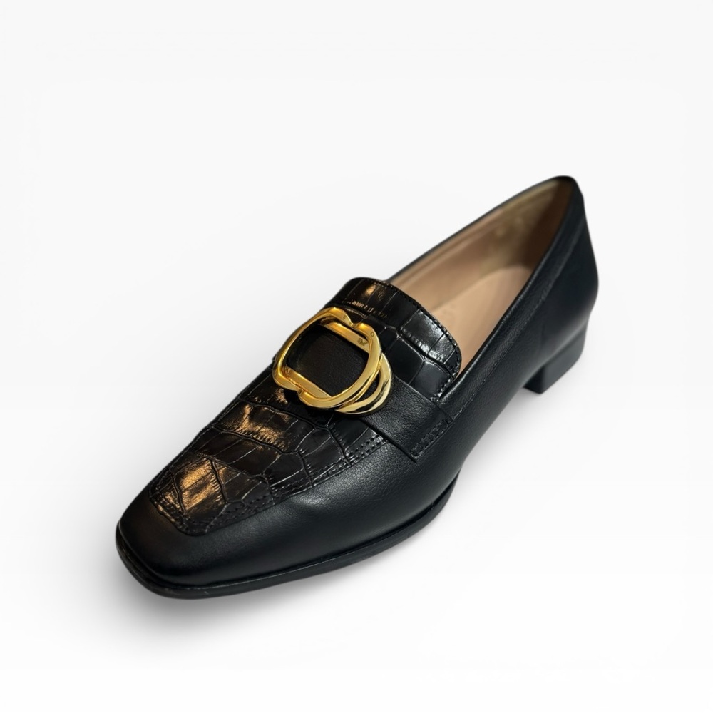 Rockport Santana Bit Loafer Black Leather Womens Size 8.5 Flats Gold Buckle